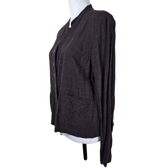 Eileen Fisher Linen Blend Button Up Blouse Sz M Dark Brown Pockets Minimalist - Picture 2 of 10
